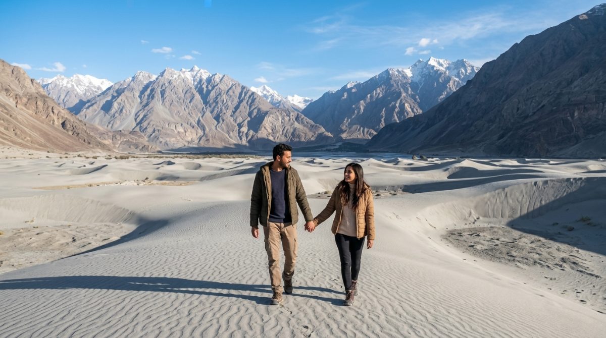 Sunset walks across the golden sands of Katpana Cold Desert.
